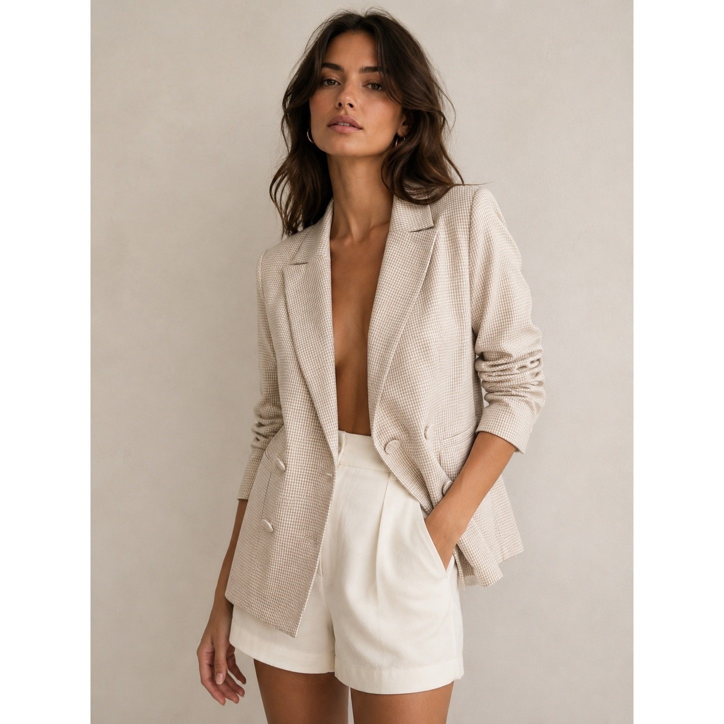 Kookai Beige Gingham Double Breasted Tailored Blazer Jacket Notched Lapel